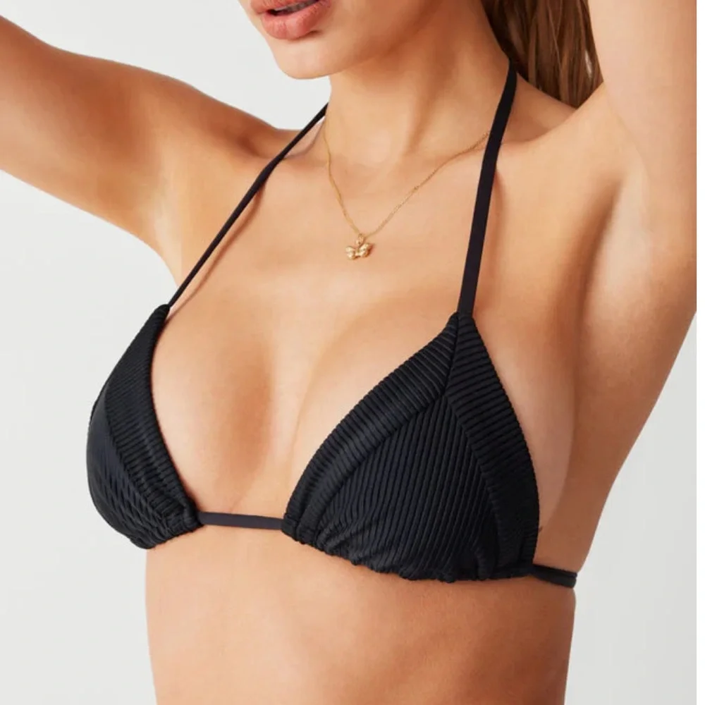 Frankie’s Bikinis Sky Ribbed Triangle Bikini Top Small Black String Straps Beach